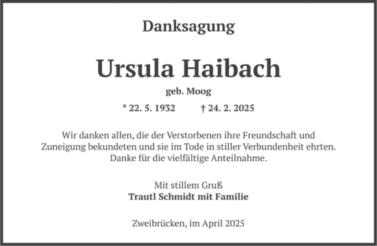 Todesanzeige von Ursula Haibach von saarbruecker_zeitung