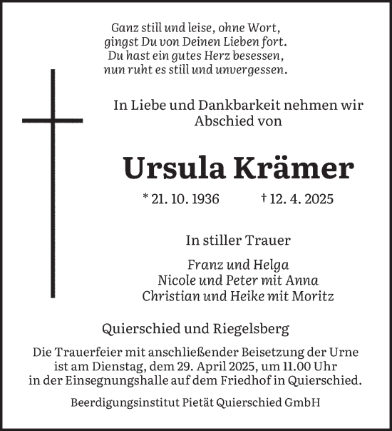 Todesanzeige von Ursula Krämer von saarbruecker_zeitung