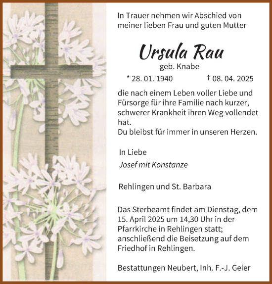 Todesanzeige von Ursula Rau von saarbruecker_zeitung