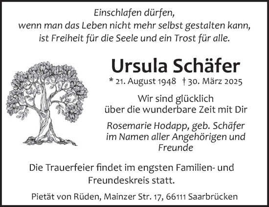 Todesanzeige von Ursula Schäfer von saarbruecker_zeitung
