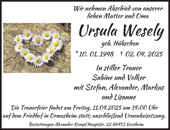 Todesanzeige von Ursula Wesely von saarbruecker_zeitung