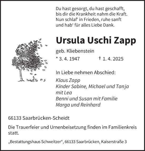 Todesanzeige von Ursula Zapp von saarbruecker_zeitung