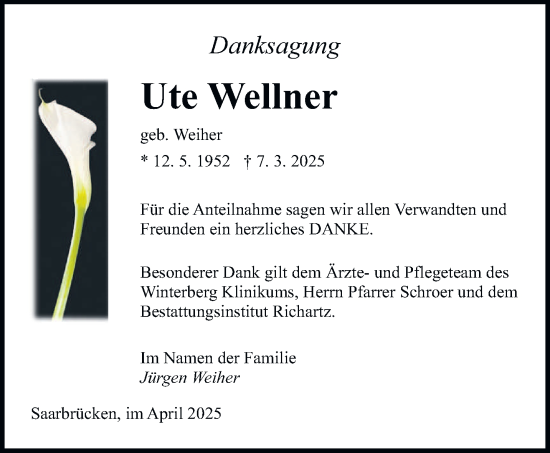 Todesanzeige von Ute Wellner von saarbruecker_zeitung
