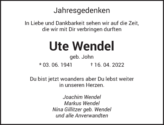 Todesanzeige von Ute Wendel von saarbruecker_zeitung