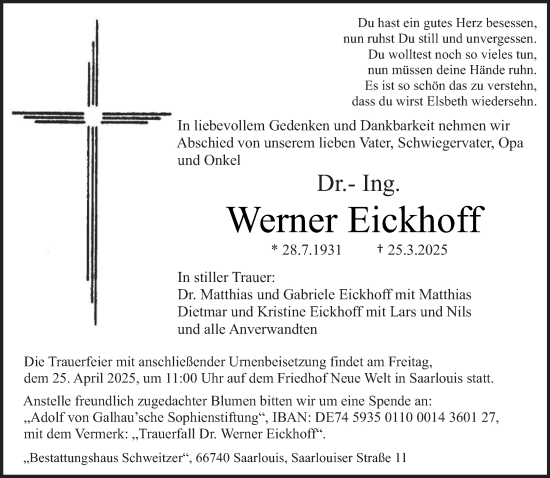 Todesanzeige von Werner Eickhoff von saarbruecker_zeitung