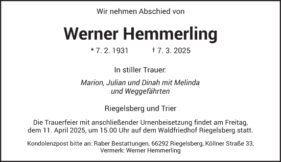 Todesanzeige von Werner Hemmerling von saarbruecker_zeitung