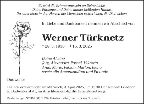 Todesanzeige von Werner Türknetz von saarbruecker_zeitung