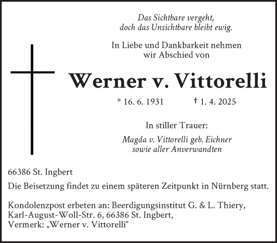 Todesanzeige von Werner von Vittorelli von saarbruecker_zeitung