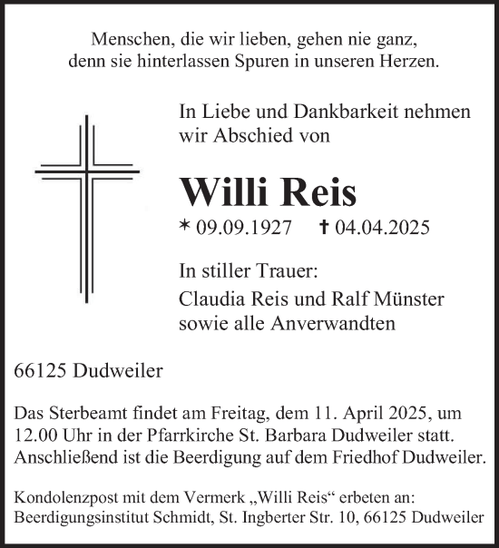 Todesanzeige von Willi Reis von saarbruecker_zeitung