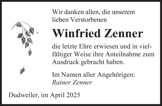 Todesanzeige von Winfried Zenner von saarbruecker_zeitung