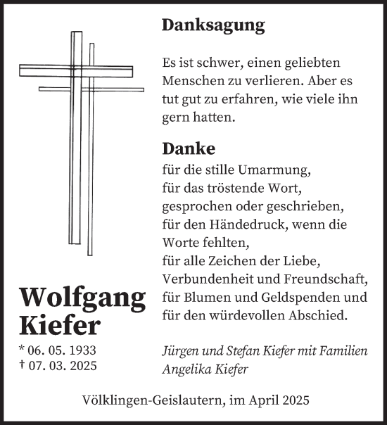 Todesanzeige von Wolfgang Kiefer von saarbruecker_zeitung