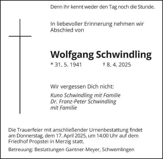 Todesanzeige von Wolfgang Schwindling von saarbruecker_zeitung