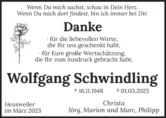 Todesanzeige von Wolfgang Schwindling von saarbruecker_zeitung