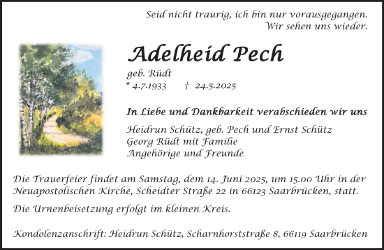 Todesanzeige von Adelheid Pech von saarbruecker_zeitung