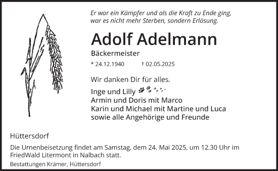 Todesanzeige von Adolf Adelmann von saarbruecker_zeitung