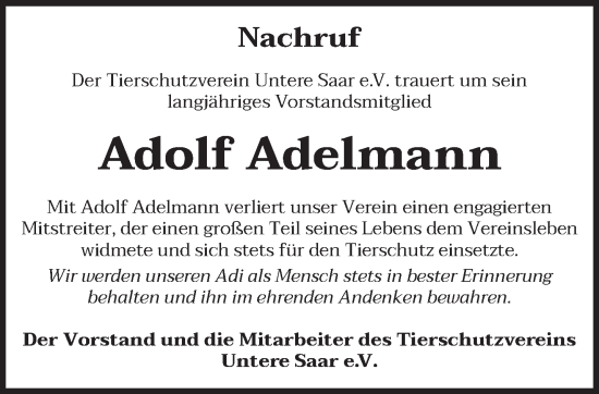 Todesanzeige von Adolf Adelmann von saarbruecker_zeitung