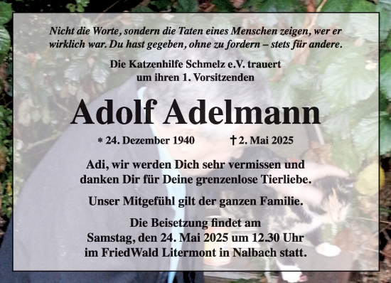 Todesanzeige von Adolf Adelmann von saarbruecker_zeitung