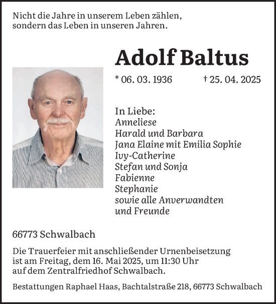 Todesanzeige von Adolf Baltus von saarbruecker_zeitung