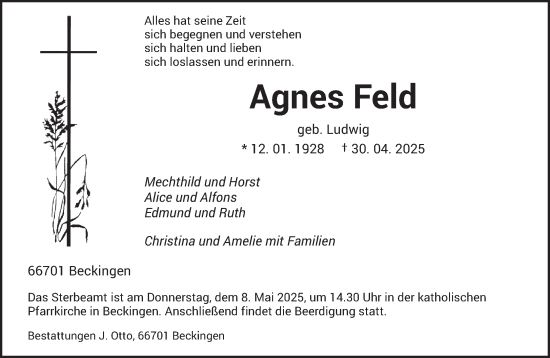 Todesanzeige von Agnes Feld von saarbruecker_zeitung