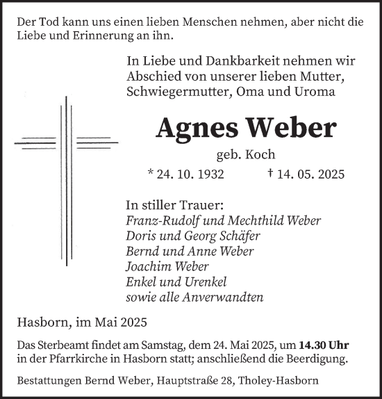 Todesanzeige von Agnes Weber von saarbruecker_zeitung