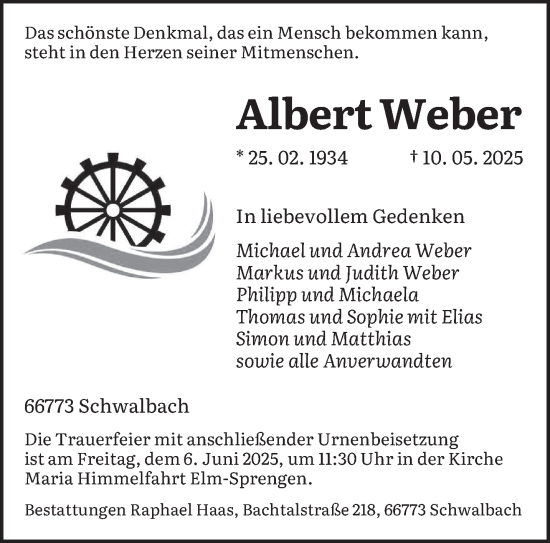 Todesanzeige von Albert Weber von saarbruecker_zeitung