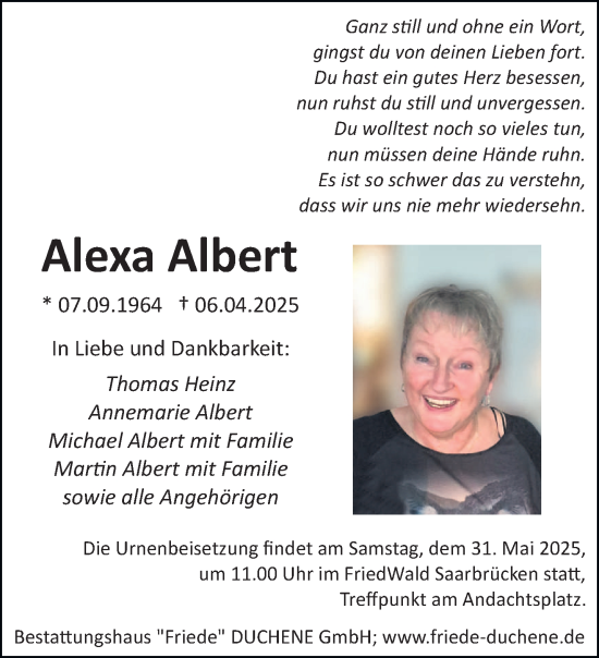 Todesanzeige von Alexa Albert von saarbruecker_zeitung