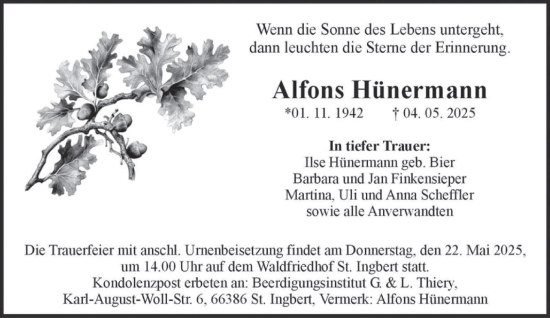 Todesanzeige von Alfons Hünermann von saarbruecker_zeitung