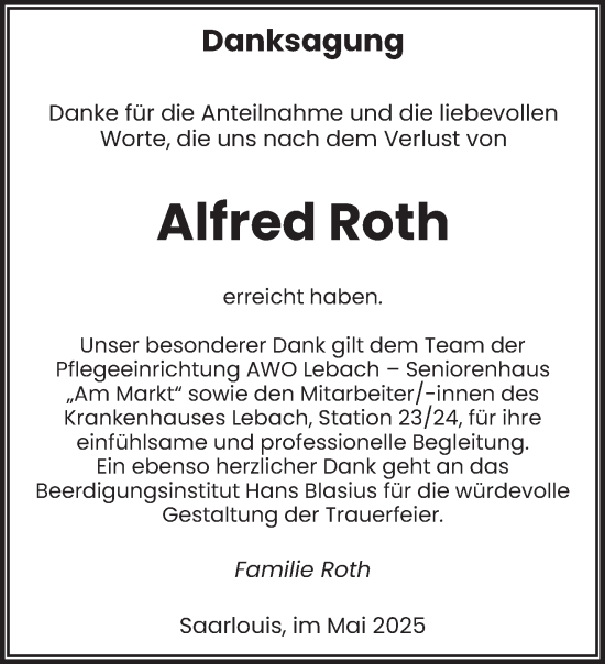 Todesanzeige von Alfred Roth von saarbruecker_zeitung
