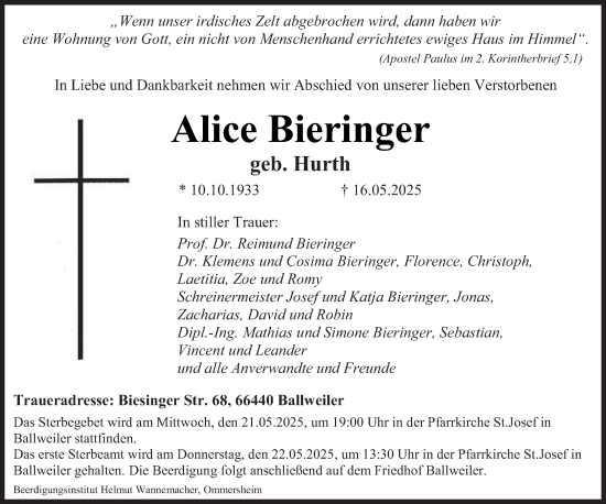 Todesanzeige von Alice Bieringer von saarbruecker_zeitung