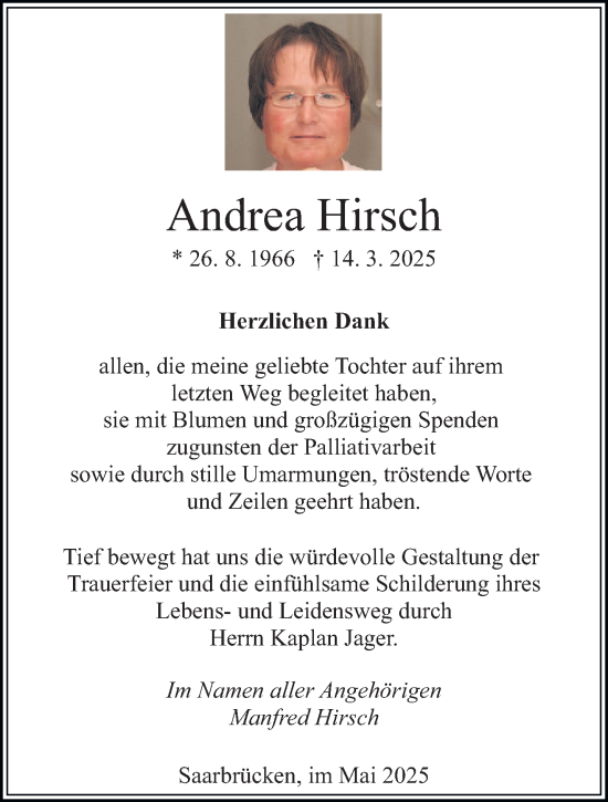 Todesanzeige von Andrea Hirsch von saarbruecker_zeitung