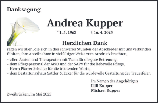 Todesanzeige von Andrea Kupper von saarbruecker_zeitung