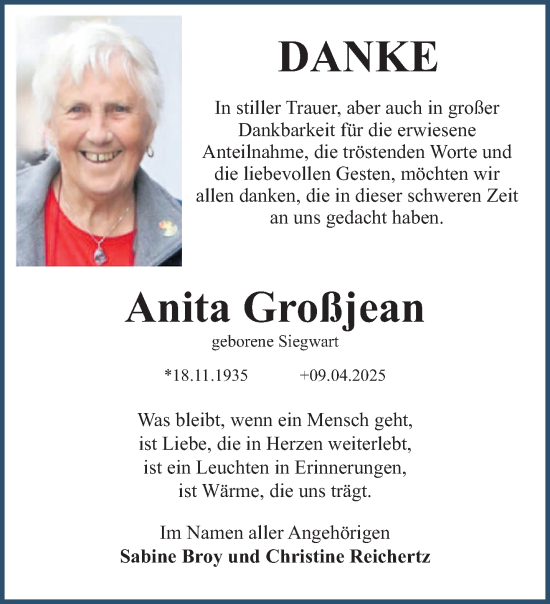 Todesanzeige von Anita Großjean von saarbruecker_zeitung