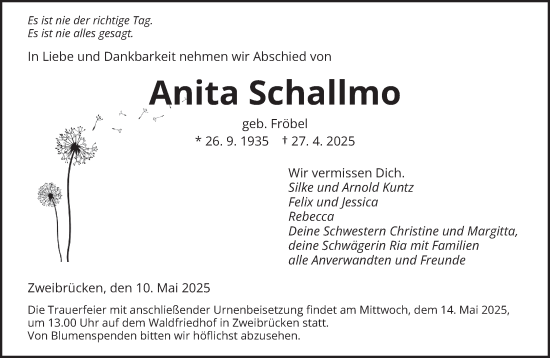 Todesanzeige von Anita Schallmo von saarbruecker_zeitung