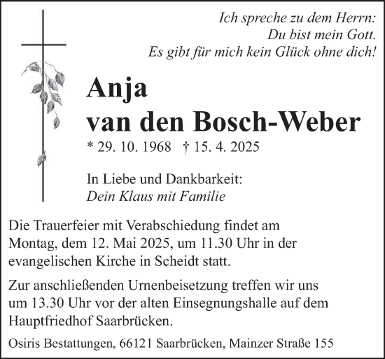 Todesanzeige von Anja van den Bosch-Weber von saarbruecker_zeitung