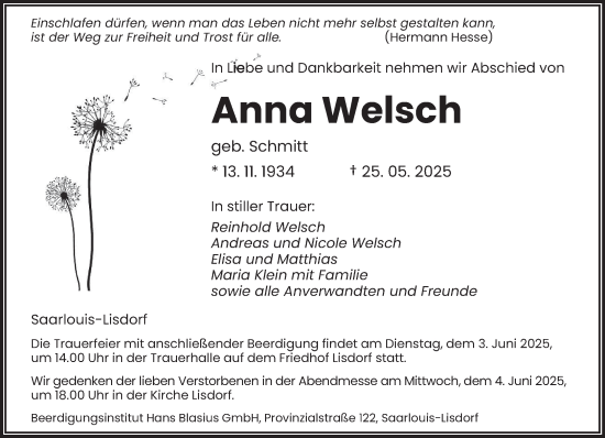Todesanzeige von Anna Welsch von saarbruecker_zeitung