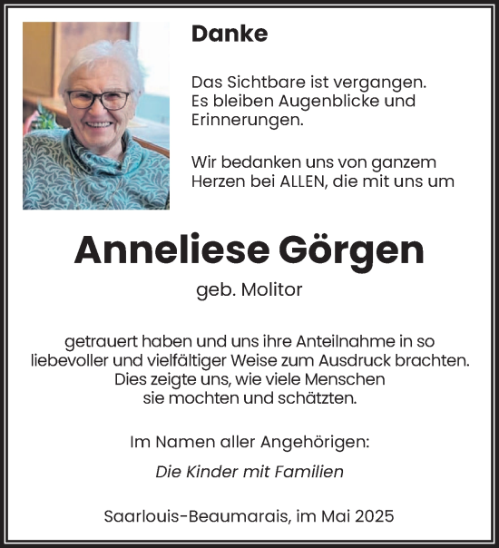 Todesanzeige von Anneliese Görgen von saarbruecker_zeitung