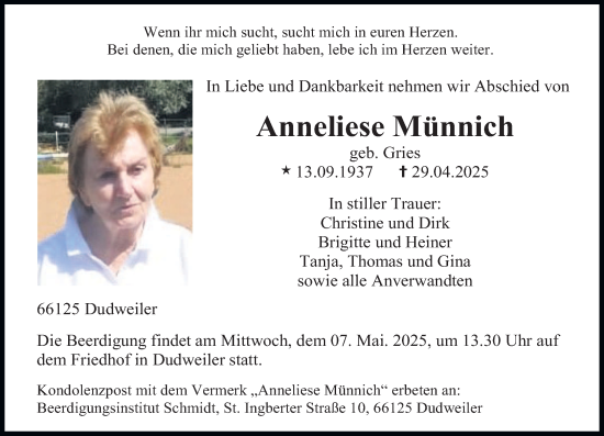 Todesanzeige von Anneliese Münnich von saarbruecker_zeitung