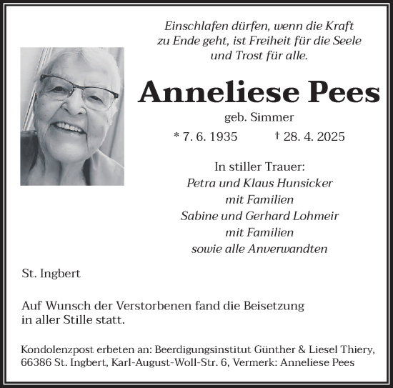 Todesanzeige von Anneliese Pees von saarbruecker_zeitung