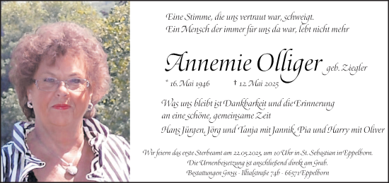 Todesanzeige von Annemie Olliger von saarbruecker_zeitung
