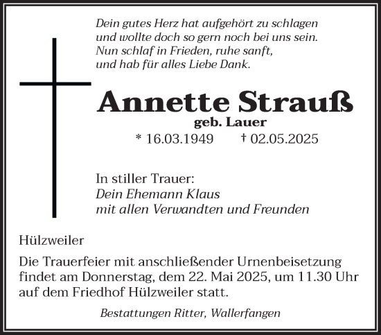 Todesanzeige von Annette Strauß von saarbruecker_zeitung