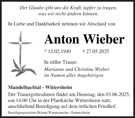 Todesanzeige von Anton Wieber von saarbruecker_zeitung