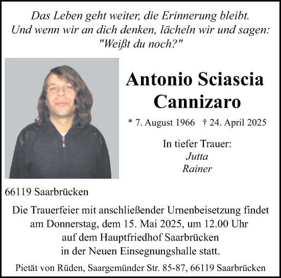 Todesanzeige von Antonio Sciascia Cannizaro von saarbruecker_zeitung