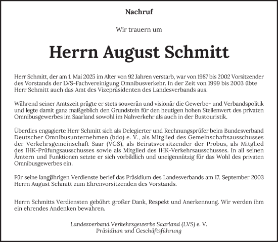Todesanzeige von August Schmitt von saarbruecker_zeitung
