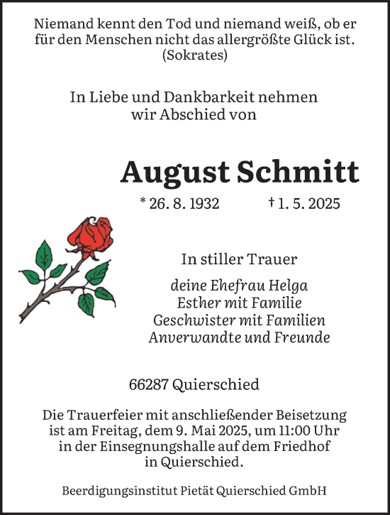 Todesanzeige von August Schmitt von saarbruecker_zeitung