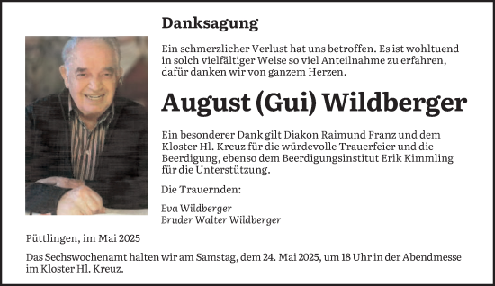 Todesanzeige von August Wildberger von saarbruecker_zeitung