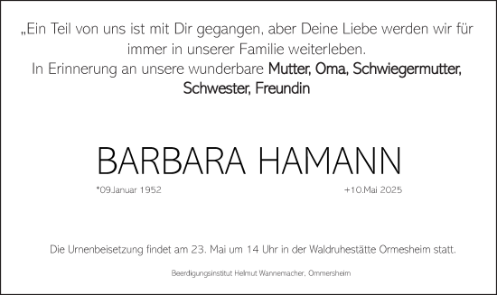 Todesanzeige von Barbara Hamann von saarbruecker_zeitung