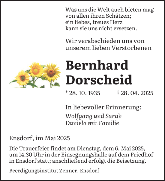 Todesanzeige von Bernhard Dorscheid von saarbruecker_zeitung