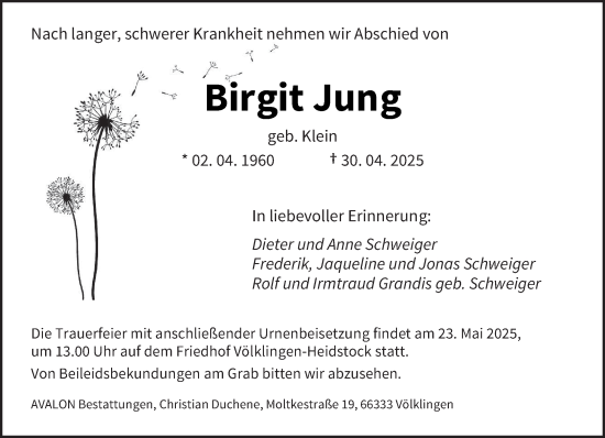 Todesanzeige von Birgit Jung von saarbruecker_zeitung