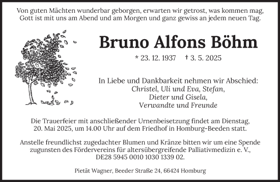 Todesanzeige von Bruno Alfons Böhm von saarbruecker_zeitung