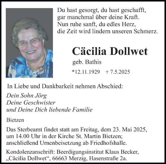 Todesanzeige von Cäcilia Dollwet von saarbruecker_zeitung